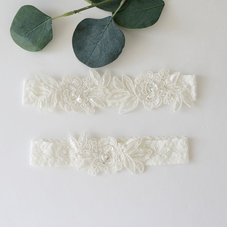 Wedding Garter, Ivory Embroidery Flower Lace Wedding Garter Set, Ivory Garter Set, Wedding Toss Garter 34A image 2