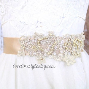 Light Gold Sequined Lace Bridal Sash: Champagne Ribbon, Beaded Flower