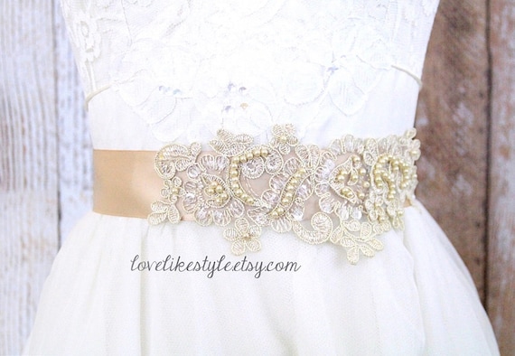 Light Gold Sequined Lace Bridal Sash: Champagne Ribbon, Beaded Flower