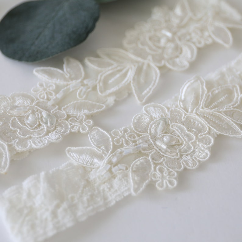 Wedding Garter, Ivory Embroidery Flower Lace Wedding Garter Set, Ivory Garter Set, Wedding Toss Garter 34A image 8