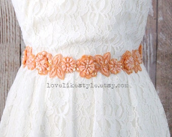 Peach  Beaded Lace Sash, Peach  Lace Headband,  Bridal Sash, Bridesmaid Sash, Flower Girl Sash, Peach Wedding Sash Belt  /SH08