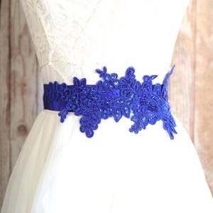 Royal Blue Beaded Lace Bridal Sash: Satin Ribbon, Flower Girl Style