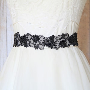 Black Beaded Embroidery Flower Sash: Organza Lace Headband