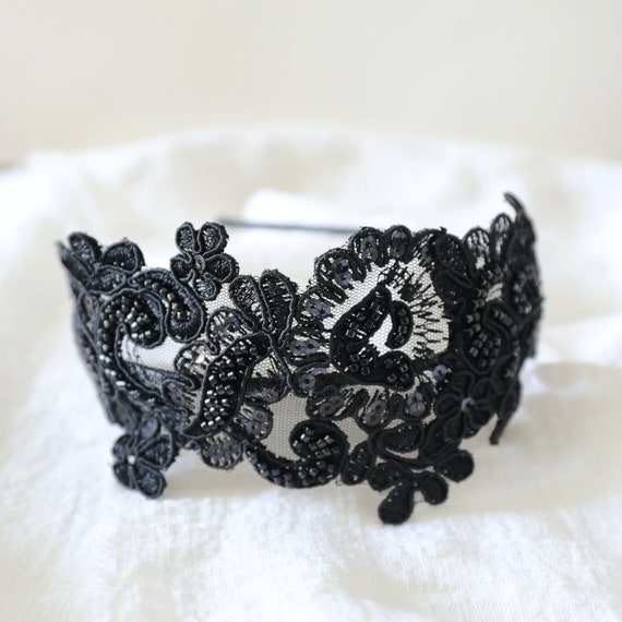 Black Lace Headband: Beaded Sequin Embroidery, Bridal  display picture 1