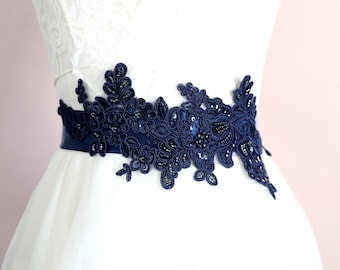 Navy Beaded Lace Sash, Bridal Sash, Bridesmaid Sash,Navy Wide Lace Sash, Navy Lace Sash Belt