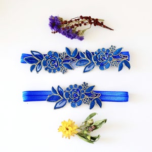 Blue Flower Lace Wedding Garter, Blue Flower Lace Wedding Garter Belt, Something Blue Wedding Garter