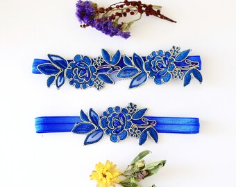 Blue Flower Lace Wedding Garter, Blue Flower Lace Wedding Garter Belt, Something Blue Wedding Garter