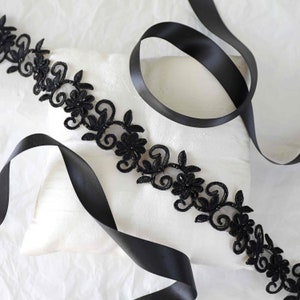 Black Beaded Lace with Satin Ribbon Sash, Bridal Sash , Bridesmaid Sash, Head tie,Flower Girl Sash, Black Lace  Headband, Black Lace Belt