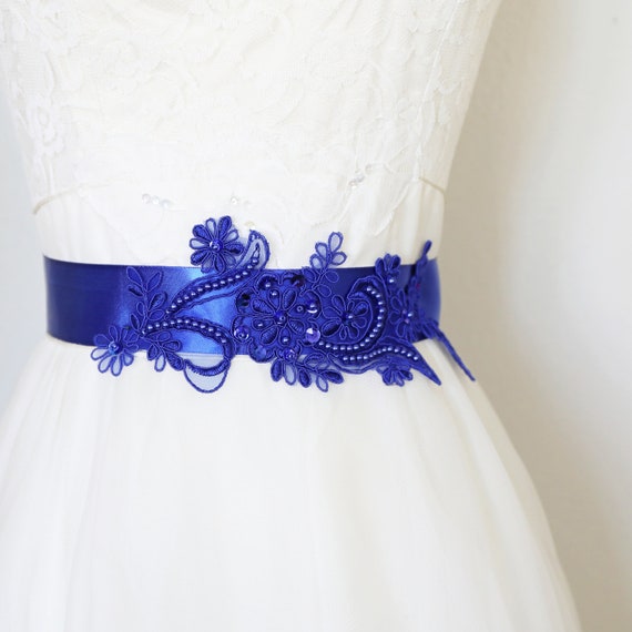 Royal Blue Beaded Lace Bridal Sash: Satin Wedding Belt Royal Blue Beaded Lace Bridal Sash: Satin Wedding Belt