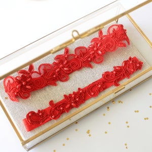Red Beaded Lace Wedding Garter Set: Bridal & Toss Garters