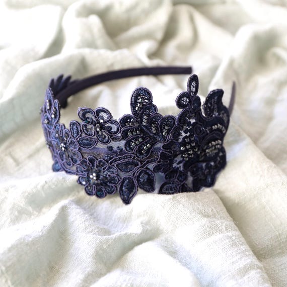 Navy Beaded Lace Headband: Bridal Satin Headband - Etsy Israel display picture 3