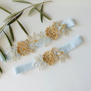 Light Gold and Tan Embroidery Flower Lace Wedding Garter Set with Light Blue Elastic, Something Blue Wedding Garter Set