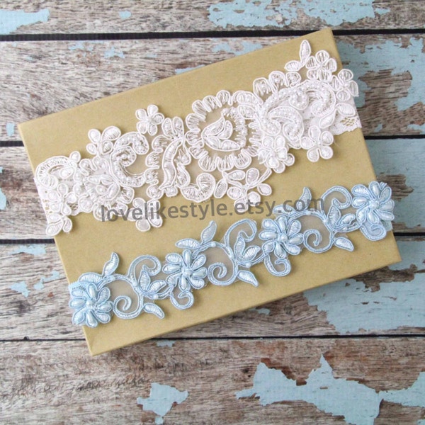 Wedding Garter Set, Light Ivory and Light Blue Beaded Lace Wedding Garter Set , Ivory Lace Garter Set, Toss Garter ,  / GT-44