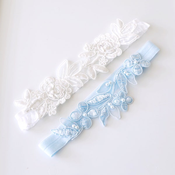 Ivory and Light Blue Embroidery Flower Lace Wedding Garter Set, Mix and Match Wedding Garter Set ,Something Blue, Blue Toss Garter