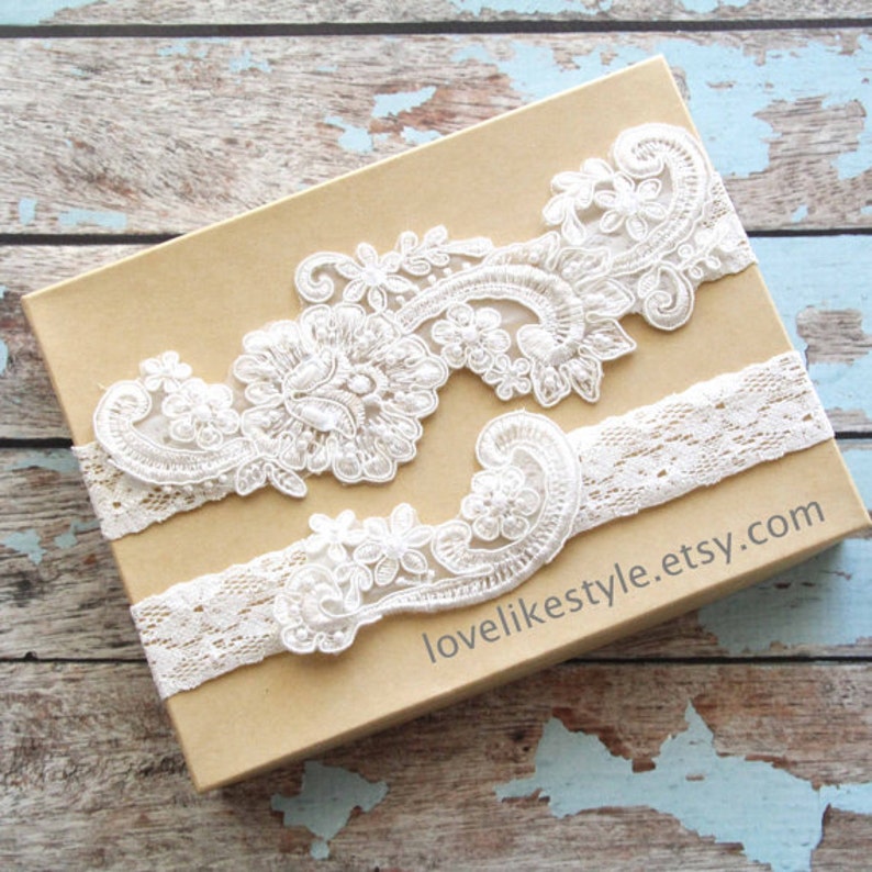 Wedding Garter Set, Ivory Pearl Beaded Lace Wedding Garter Set, Ivory Lace Garter Set, Lace Wedding Garter Belt, Style No. GT-53 