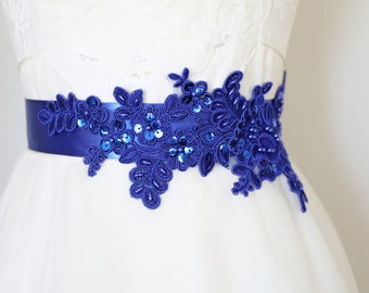 Royal Blue Beaded Lace Sash, Blue  Bridal Sash, Bridesmaid Sash, Red Sash,Flower Girl Blue  Sash Belt / SH-66