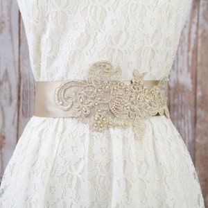 Champagne Pearl Beaded Lace Bridal Sash: Light Gold Embroidery