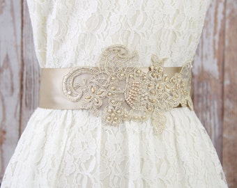 Champagne Pearl Beaded Lace Sash, Bridal Sash, Bridesmaid Sash, Champagne Sash