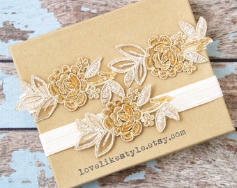 Gold and Tan Embroidery Flower Lace Wedding Garter Set
