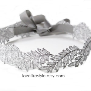 Silver Leaf  Metallic Lace with Gray Satin Sash, Bridal Sash, Bridesmaid Sash , Leaf Head Tie