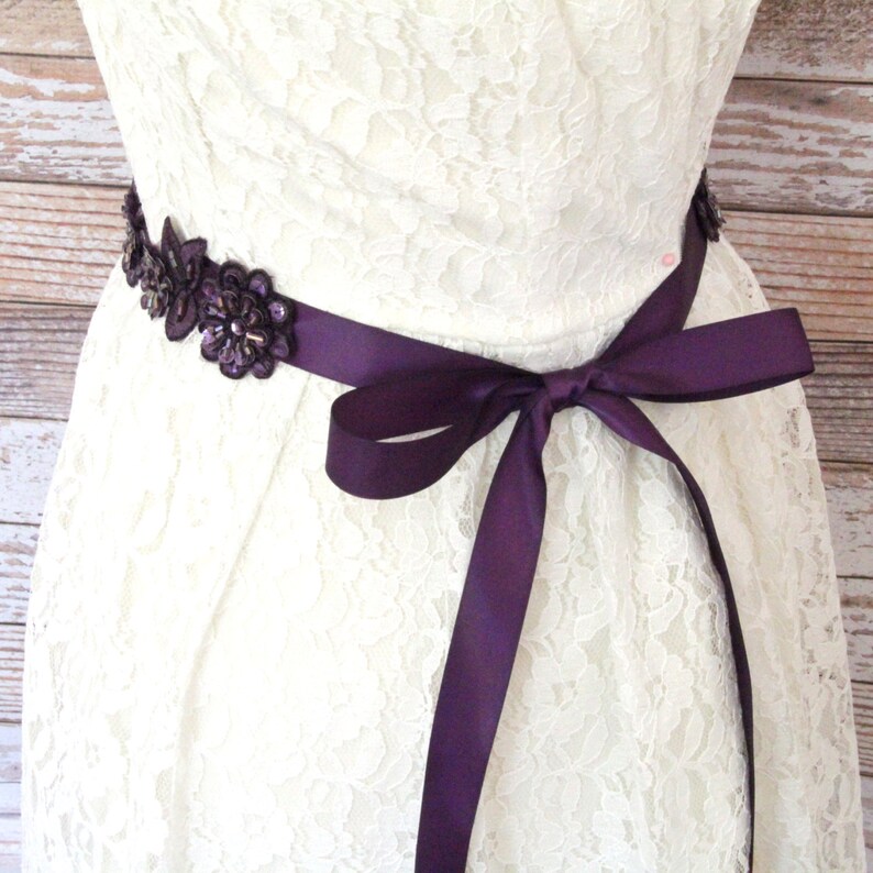 Plum Dark Purple Beaded Lace Sash Plum Lace Headband Bridal | Etsy