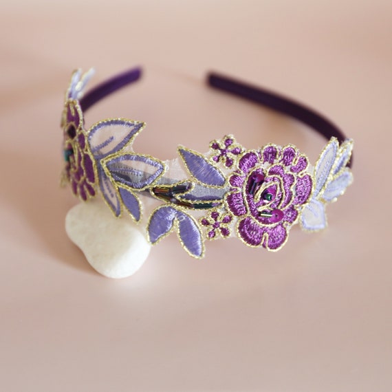 Purple Flower Lace Headband: Hand-sewn Beaded Hairband - Etsy display picture 3