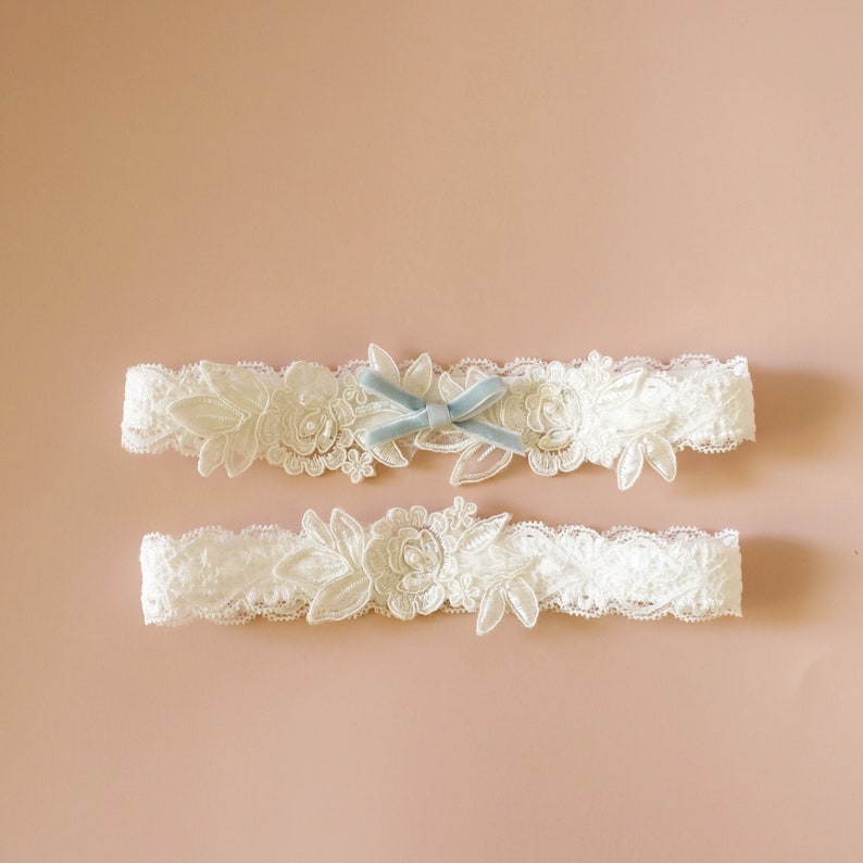 Something Blue Wedding Garter, Ivory Embroidery Flower Lace Wedding Garter Set, Ivory Garter Set, Wedding Toss Garter image 1