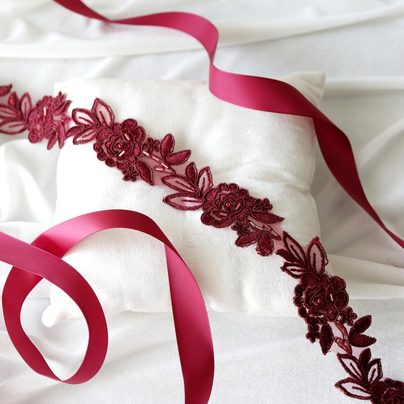 Burgundy Flower Beaded Lace Sash Belt, Wine Wedding Sash, Burgundy Lace Sash, Bridal Ivory Lace Sash,Flower Girl Sash image 2