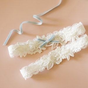 Something Blue Wedding Garter, Ivory Embroidery Flower Lace Wedding Garter Set, Ivory Garter Set, Wedding Toss Garter image 2