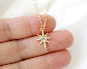Gold North Star Necklace: Cubic Zirconia Dainty Charm
