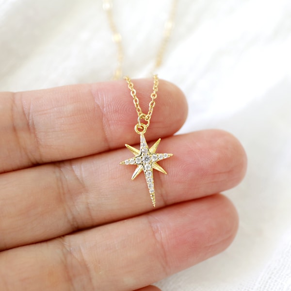 Gold Cubic Stone North Star Necklace, Gold Star Necklace, Bethlehem Star Necklace,Dainty Necklace