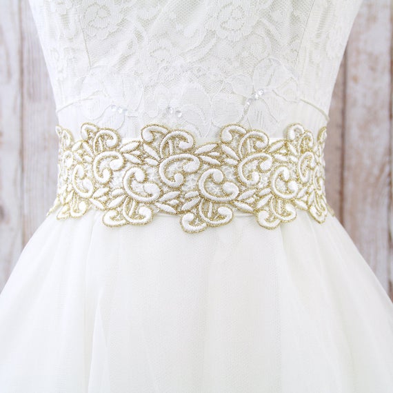 Ivory And Gold Embroidery Lace Sash Bridal Sash Bridesmaid Etsy