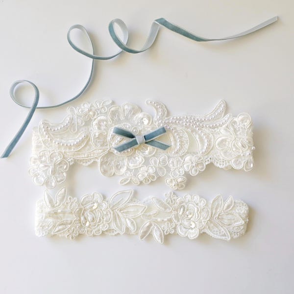 Pearl Beaded Lace Wedding Garter Set with Blue Velvet Bow