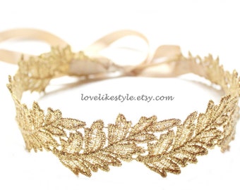 Wedding Sash,Gold Leaf  Metallic Lace with Champagne Satin Sash,  Bridal Sash, Bridesmaid Sash , Head Tie /GSH-06