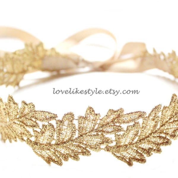 Wedding Sash,Gold Leaf  Metallic Lace with Champagne Satin Sash,  Bridal Sash, Bridesmaid Sash , Head Tie /GSH-06