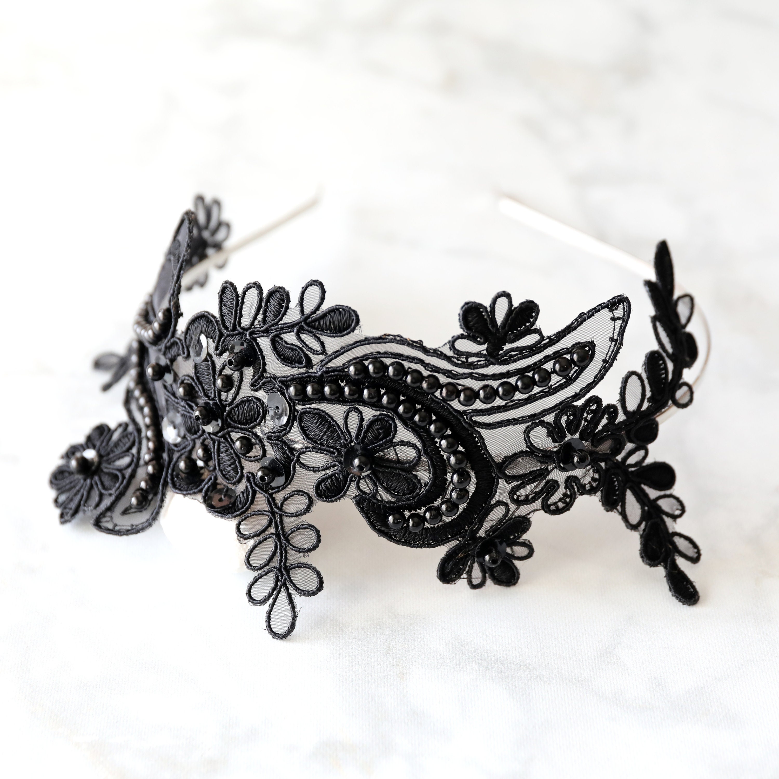 Black Beading Lace Headband Bridal Black Headband Etsy