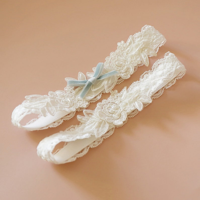 Something Blue Wedding Garter, Ivory Embroidery Flower Lace Wedding Garter Set, Ivory Garter Set, Wedding Toss Garter image 3