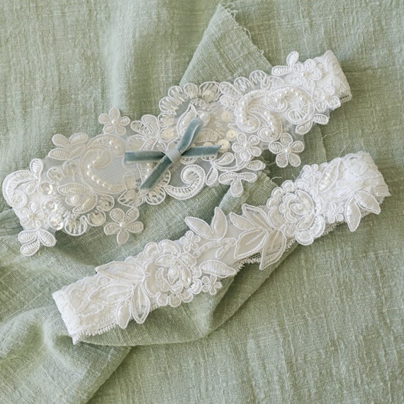 Pearl Beaded Lace Wedding Garter Set: White & Blue Bridal Garter