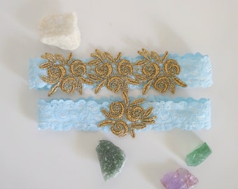 Gold Flower Lace With Blue Lace Band Wedding Garter Set, Something Blue WeddingGarter Set, Blue Toss Garter, Blue Prom Garter