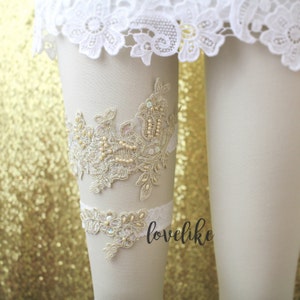 Wedding Garter Set, Ivory Beaded Lace Garter Set,Bridal Wedding Grter,Wedding Garter Set,White Lace Garter Set, Style No. GT-76 image 2