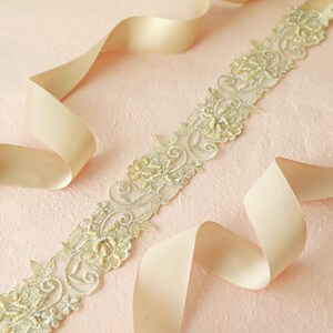 Light Gold Flower Beaded Lace With Champagne Satin Sash, Bridal ...