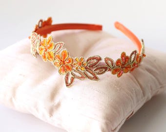 Orange Flower Lace Headband: Pearl Beaded Bridal Headpiece