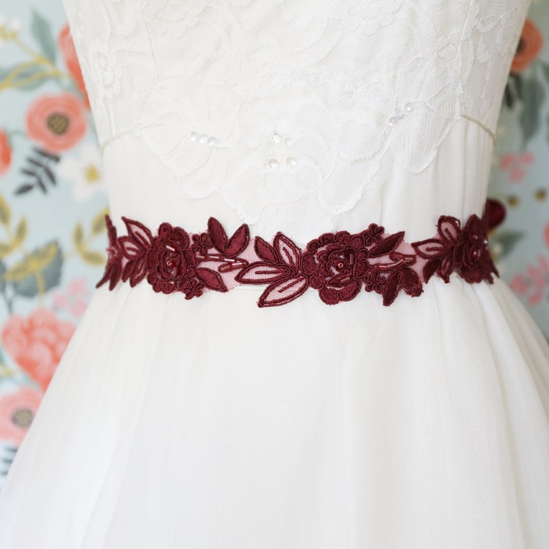 Burgundy Flower Beaded Lace Sash Belt, Wine Wedding Sash, Burgundy Lace Sash, Bridal Ivory Lace Sash,Flower Girl Sash image 6