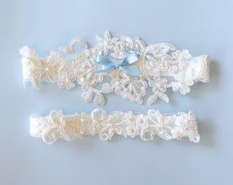 Ivory Lace Wedding Garter Set: Blue Bow Bridal Garter Belt