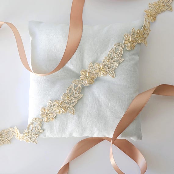 Gold & Tan Flower Lace Bridal Sash: Champagne Ivory Ribbon 