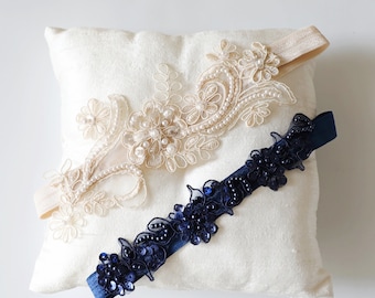 Wedding Garter Set, Champagne and Navy Blue Beaded Lace Wedding Garter Set, Blue Toss Garter, Something Blue