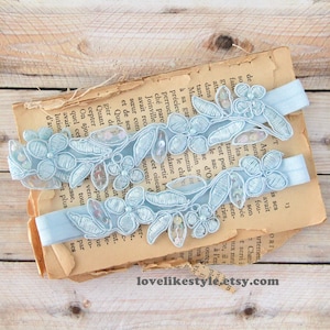 Something Blue, Blue Pearl Beaded Flower Lace Wedding Garter Set , Wedding  Garter,   Light Blue Garter