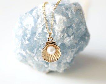 Gold Shell Necklace: Pearl Charm, Dainty Layered Necklace
