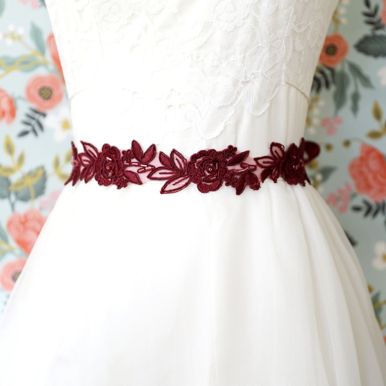 Burgundy Flower Beaded Lace Sash Belt, Wine Wedding Sash, Burgundy Lace Sash, Bridal Ivory Lace Sash,Flower Girl Sash image 1