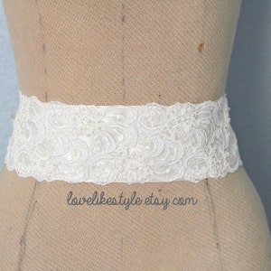 Ivory Beaded Alencon Lace Bridal Sash - 3-Inch Wide